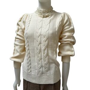 Ruty France Cable Knit Cowl neck Pearls Beaded Cream Sweater Puffed Sleeve Sz‎ M